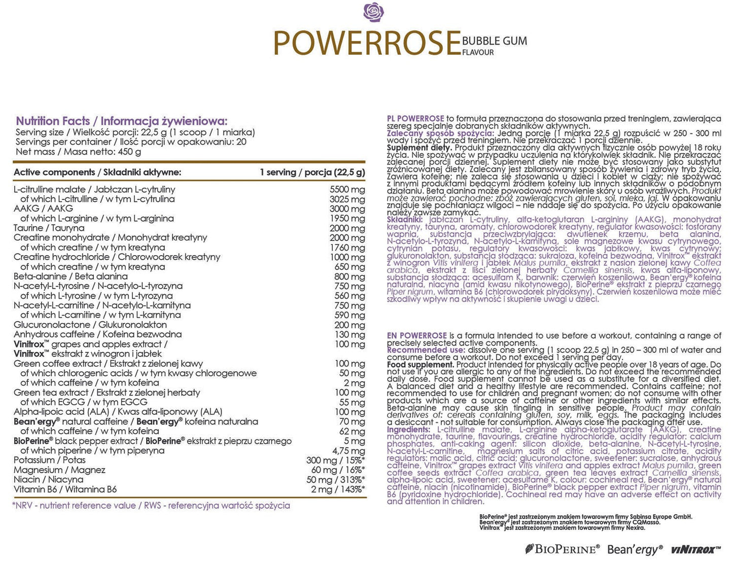 ALLDEYNN POWERROSE PRE WORKOUT FOR WOMEN 450G